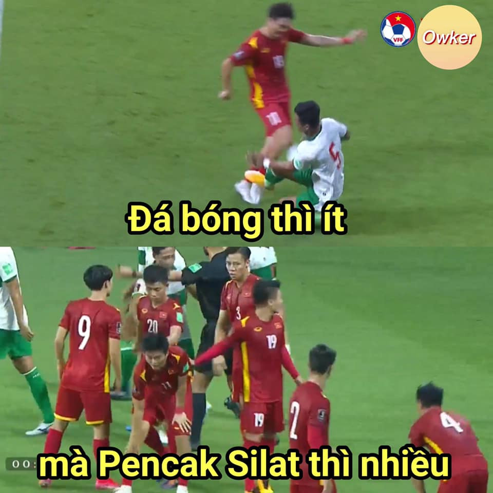 Trong toàn bộ hiệp 1, các cầu thủ Indonesia biến sân Al Maktoum tại UAE thành võ đài và dân mạng Việt Nam nén bức xúc vào nhưng bức ảnh chế bóng đá của mình khi họ không biết đang xem đá bóng hay xem Pencak Silat.