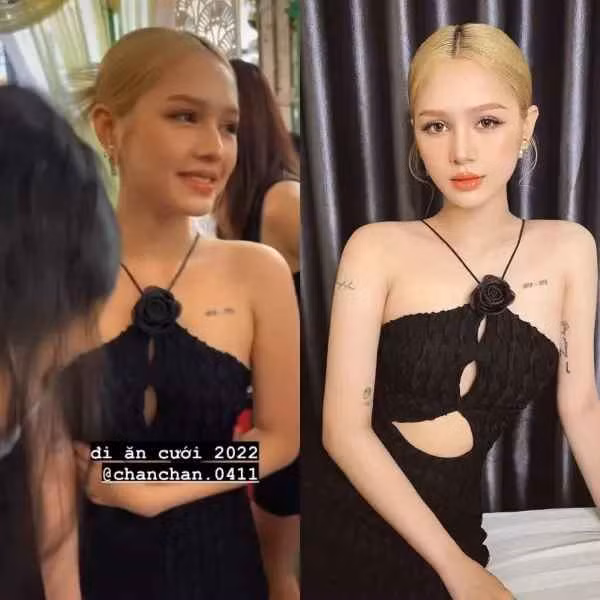 Tại hôn lễ ấy, Xoài Non diện trang phục tối màu, điểm nhấn là chiếc khuy cài áo đính đá đến từ nhà mốt YSL.