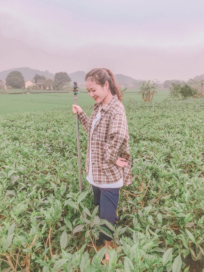 Bộ ảnh "Nét đẹp lao động" của Trang được chụp khi cô nàng về quê, lên vườn chè để phụ giúp gia đình.