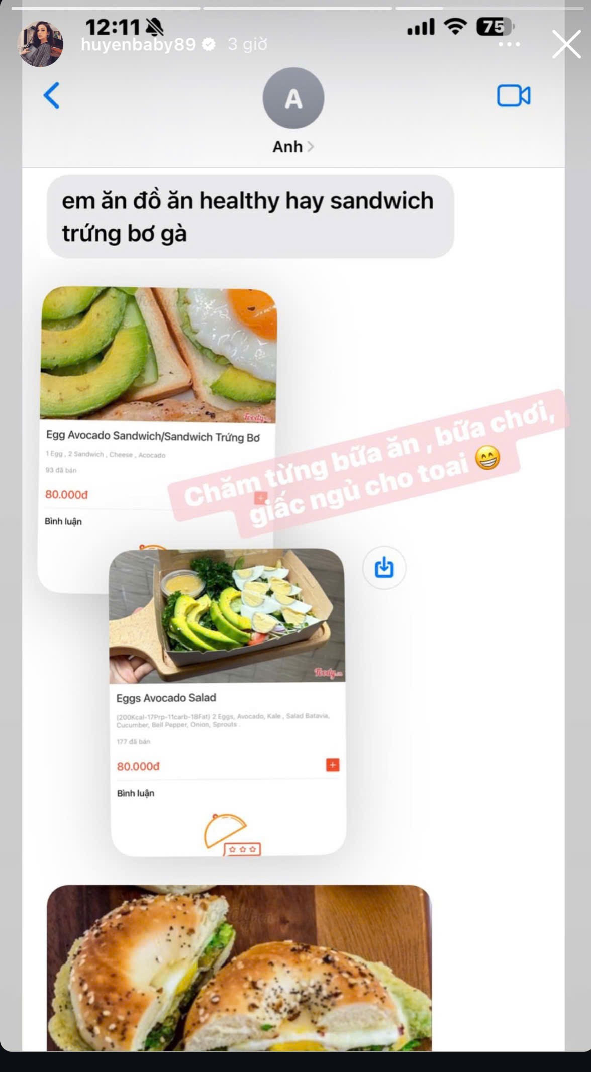 Chồng Huyền Baby chịu khó tìm bữa trưa cho vợ và còn tinh tế đính kèm hình ảnh từng món: "Em ăn đồ ăn healthy hay sandwich bơ trứng gà?".