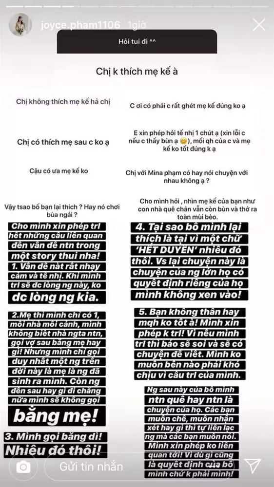 Trước đây, Joyce Phạm từng rất gay gắt khi bị nhắc chung với Mina Phạm (vợ 2 Minh Nhựa). Theo đó, trước những thông tin gọi Mina là mẹ của cô, Joyce Phạm đã lên tiếng khẳng định nhân vật này không phải mẹ của mình.