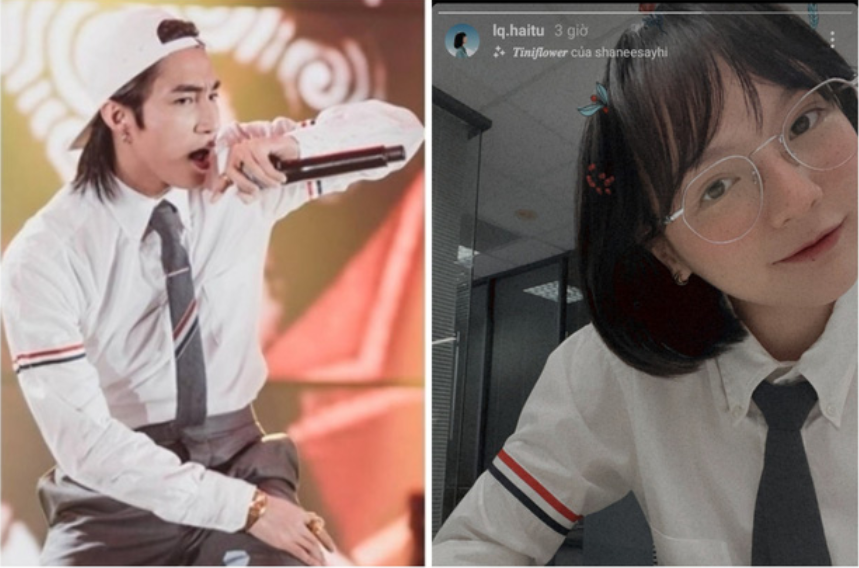 Chuyện sẽ chẳng có gì đáng nói nếu như chiếc áo sơ mi mà Hải Tú mặc trong bức ảnh lại không vô tình trùng khớp với chiếc áo của chủ tịch Sơn Tùng M-TP. Cách đây không lâu, "Sếp Tùng" đã từng diện chiếc áo này lên sân khấu trình diễn.