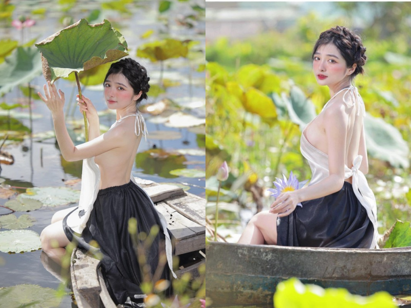 Hình ảnh nàng hot girl Đắk Nông khoe thân hình nõn nà trong chiếc áo yếm bên ao sen.
