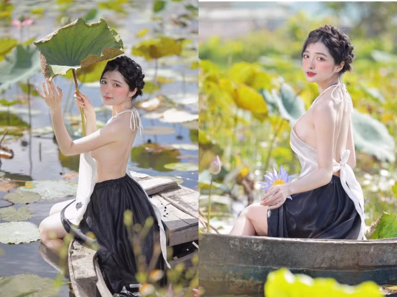 Hình ảnh nàng hot girl Đắk Nông khoe thân hình nõn nà trong chiếc áo yếm bên ao sen.