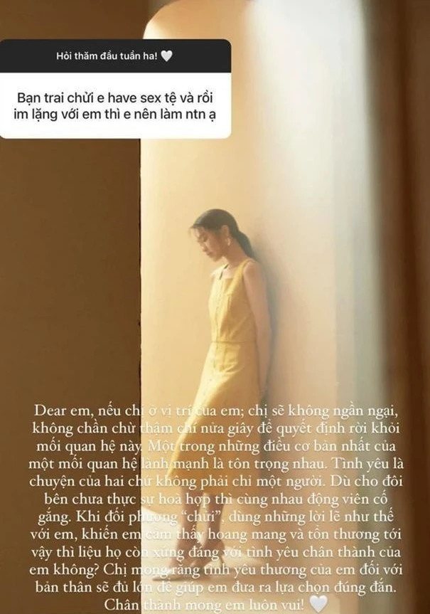 Cụ thể, trong một lần chia sẻ cùng fan, Doãn Hải My nhận được câu hỏi về chuyện quan hệ trước hôn nhân. Bà xã Đoàn Văn Hậu đáp: "Hoàn toàn bình thường. Miễn là đôi bên đều tự nguyện và cảm thấy hạnh phúc. Chỉ cần nhớ việc quan hệ trước hôn nhân không nói lên điều gì về phẩm chất và nhân cách cả".