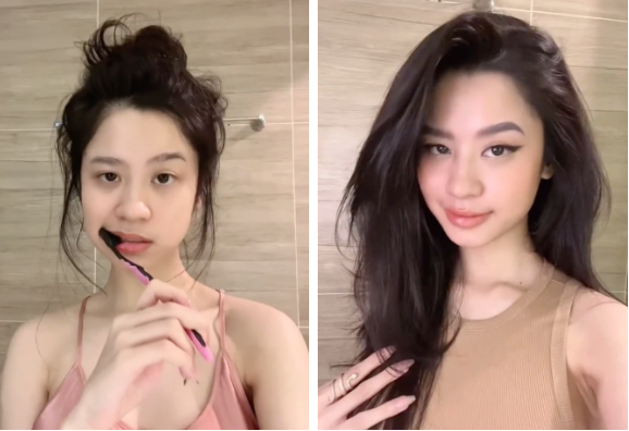 Trong đoạn clip, Hàn Hằng để mặt mộc, đầu bù tóc rối và vờ đánh răng.