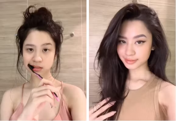 Trong đoạn clip, Hàn Hằng để mặt mộc, đầu bù tóc rối và vờ đánh răng.