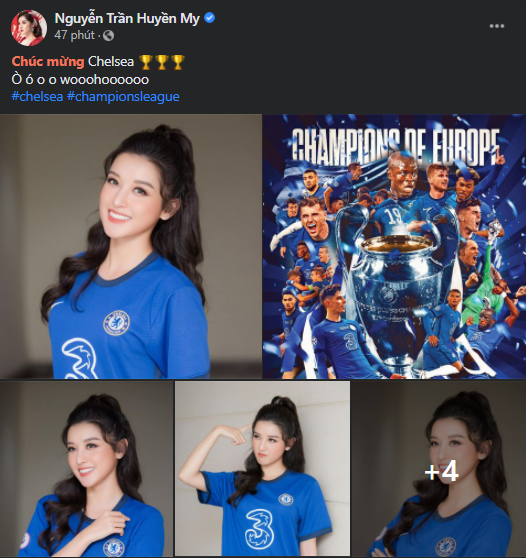 Rạng sáng ngày 30/5, Chelsea đã trở thành tân vương của cúp C1 châu Âu sau khi vượt qua đội bóng cùng quốc gia là Manchester City với tỷ số 1-0. Ngay sau khi trận đấu kết thúc, khắp MXH các fan của "nửa xanh thành London" say men trong chiến thắng và trong số đó có cả cô nàng Á hậu Huyền My.