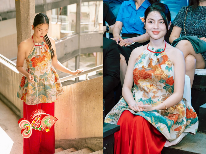 Nhân dịp Tết Trung Thu vừa qua, Ánh Viên gây chú ý khi đăng tải ba bức ảnh khoe nhan sắc với áo yếm truyền thống. Đáng chú ý, trang phục của "nữ kình ngư" lại đụng hàng với bộ cánh được chụp cách đây nhiều tháng của vợ Quang Hải - người đẹp Chu Thanh Huyền.