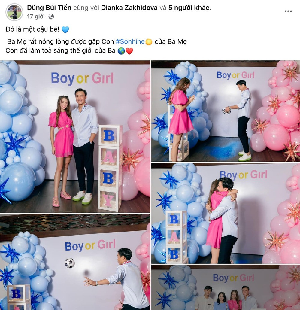 Vào tối 11/7, trên trang cá nhân của mình, bà xã Bùi Tiến Dũng đã đăng tải hình ảnh cô và chồng mở tiệc đoán giới tính em bé. Được biết, trước đó người hâm mộ đã nhiều lần đồn đoán tin vui của cặp đôi, tuy nhiên mãi đến 11/7 thông tin này mới chính thức được xác thực.