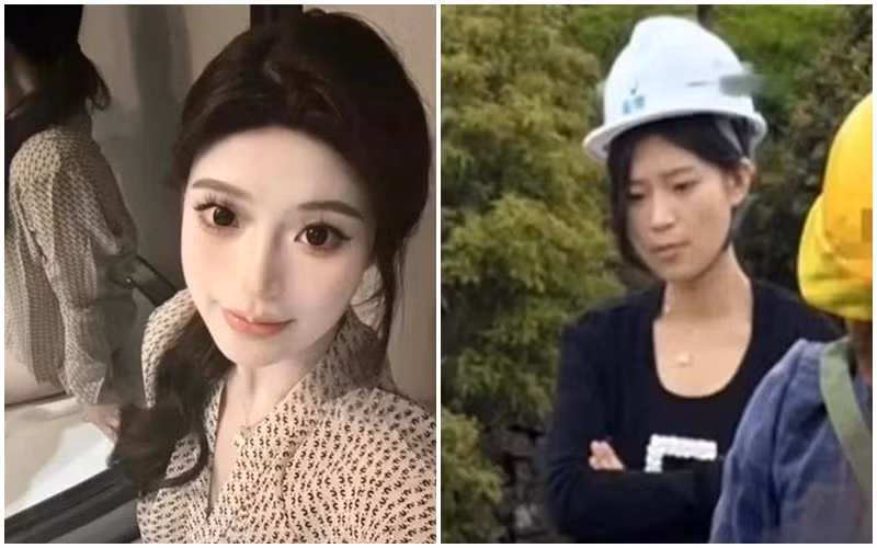 Cô gái xinh đẹp, gợi cảm với lối trang điểm tinh tế thành nữ công nhân luộm thuộm, ánh mắt đờ đẫn.