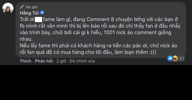 Hằng Túi đã lập tức lên tiếng, cô cho biết mình chỉ là đang "tám" chuyện cùng mọi người ở trang cá nhân.