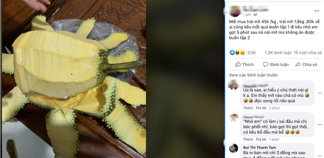 Thay vì để nguyên vỏ, bổ làm đôi, tách từng múi để tránh nhựa dính tay, gái đảm trên lại có pha "xử lý" quả mít khá cồng kềnh.