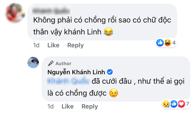 Kết thúc drama, Khánh Linh để lại dòng trạng thái: "Chồng mình mình có quyền giận hay thích làm gì chả được, ai mượn mấy người vào soi cho ngứa mắt rồi sân si. Tính mình vậy đó tức cái gì là mất bình tĩnh, không thiết tha cái gì hết. Chồng mình hiểu, chấp nhận mình là okie rồi. Cứ để tâm làm gì rồi lại chửi, tội mình".