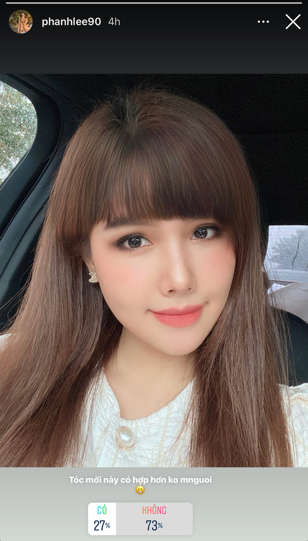 Mới đây, hot girl Phanh Lee có chia sẻ một story Instagram xin ý kiến các fan về kiểu tóc mới của mình kèm poll bình chọn: "Tóc mới này có hợp hơn không mọi người?".
