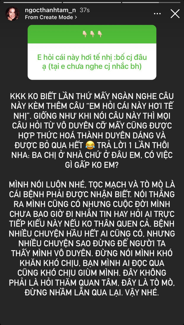 "Trả lời một lần thôi nha: Bố chị ở nhà chứ ở đâu em. Có việc gì gấp không em?", Ngọc Thanh Tâm đáp.