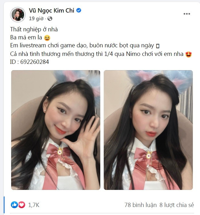 Sau khi giông bão, Vũ Ngọc Kim Chi đã lấy lại được tinh thần và vui tươi trở lại, thế nên cô nàng quyết định tiếp nối công việc streamer còn đang dang dở bằng một thông báo khá dễ thương.