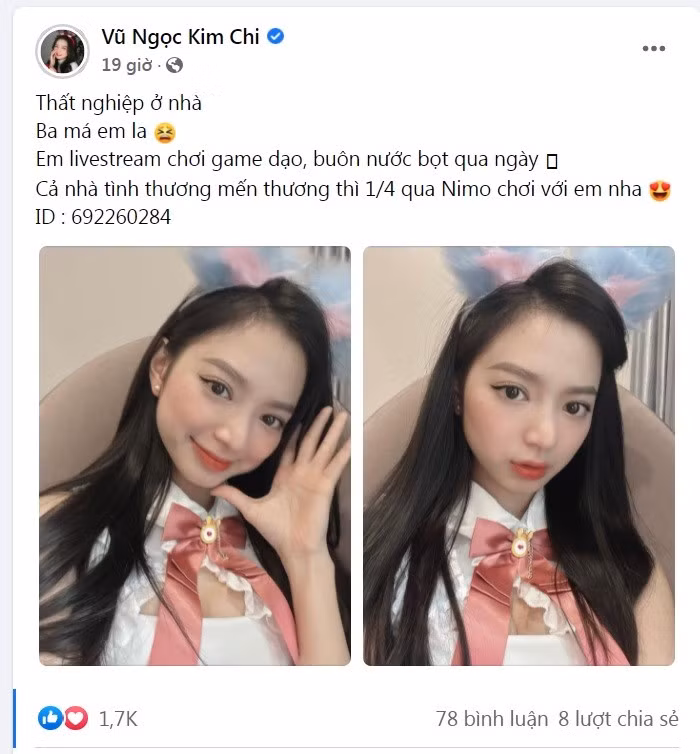 Sau khi giông bão, Vũ Ngọc Kim Chi đã lấy lại được tinh thần và vui tươi trở lại, thế nên cô nàng quyết định tiếp nối công việc streamer còn đang dang dở bằng một thông báo khá dễ thương.