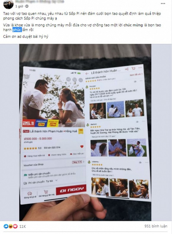 Theo chia sẻ, nguyên nhân chiếc thiệp cưới độc đáo như vậy chính là vì cặp đôi quen nhau khi trao đổi qua lại trên ứng dụng thương mại điện tử. Việc "nhặt" được bạn đời trên phần mềm bán hàng không phải ai cũng may mắn như đôi trẻ trên.