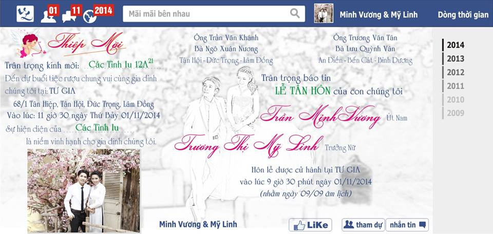 Tấm thiệp mới có giao diện của Facebook của một cặp đôi quen nhau qua MXH.