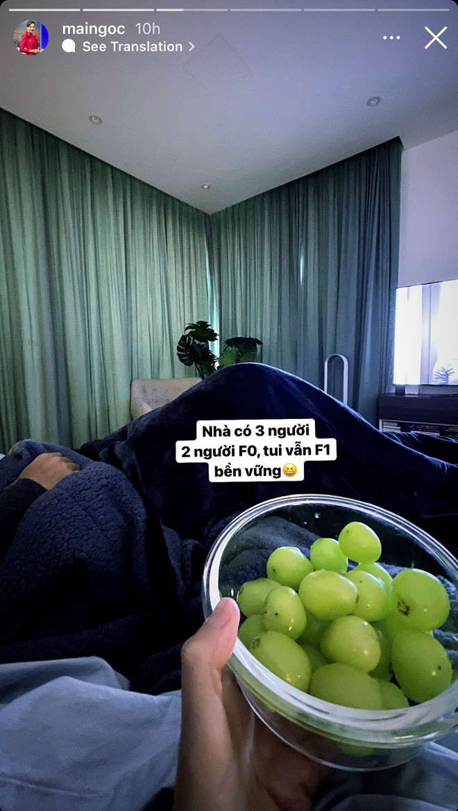 Theo đó, trên Instagram của mình 2 ngày gần đây, MC Mai Ngọc đăng tải khá nhiều story thể hiện sự may mắn khi sống chung nhà với mấy F0 nhưng bản thân vẫn khỏe re.