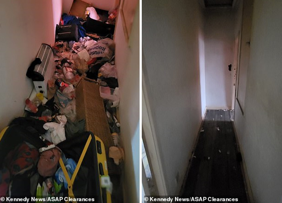 Hình ảnh hành lang chật cứng rác (trái) và sau khi được dọn hết (phải)