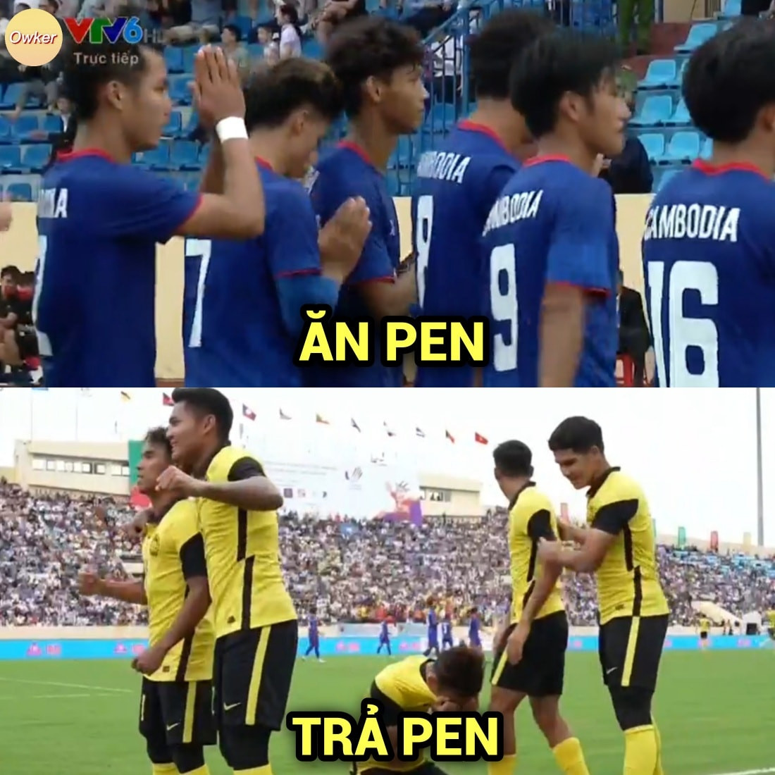 Ăn pen trả pen là bức ảnh chế giữa U23 Malaysia và U23 Campuchia khiến netizen bất ngờ.