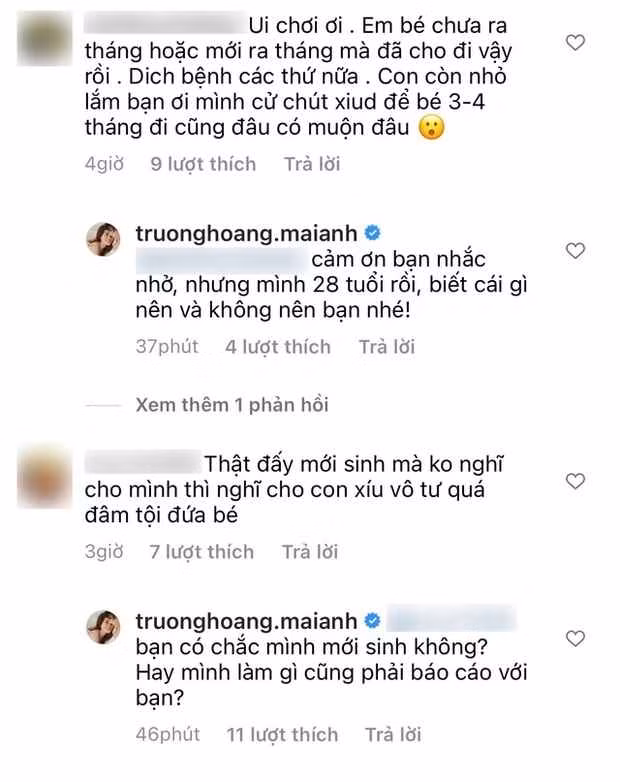 Vào năm 2022, Mai Anh từng đáp trả thẳng thừng với netizen khi đưa con đi du lịch ở Đà Lạt lúc mới sinh. Khi đó, trước những góp ý của netizen là không nên đưa em bé đi chơi quá sớm và cũng đang trong thời gian dịch bệnh, thì Mai Anh liền đáp trả thẳng thừng bản thân biết phải chăm sóc con mình như thế nào.