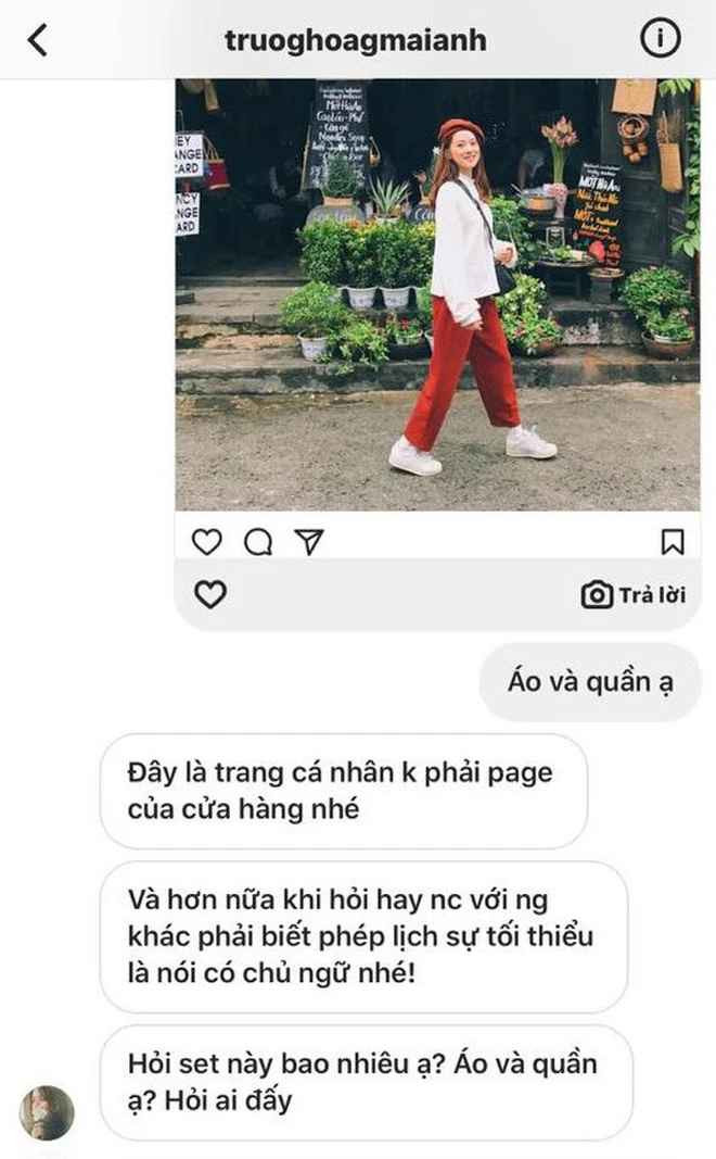 Mai Anh từng là tâm điểm chú ý của dư luận vì mắng khách hàng vô duyên, mất lịch sự khi người này hỏi giá tiền một set quần áo. Khi khách giải thích mình đã có chữ "ạ" cuối câu thì hot girl Mai Anh nói tiếp: "Hóa ra ngày xưa đi học cô giáo dạy chỉ cần nói ạ thôi là không bất lịch sự, không dạy nói chuyện với người khác là phải có chủ ngữ".