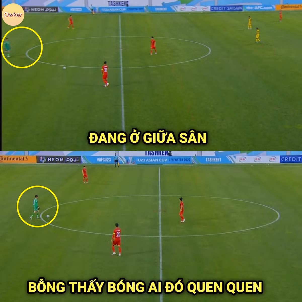 Thủ môn Văn Chuẩn lên tận giữa sân để phối hợp với đồng đội.