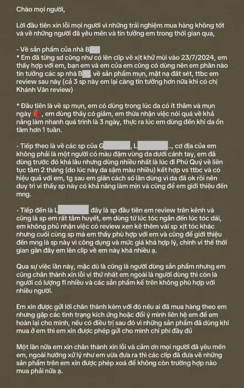 Như Thảo thừa nhận thấy Hoa hậu Khánh Vân review nên cô càng tin tưởng mua dùng. Tuy nhiên nữ TikToker xác nhận mình đã “nói quá” công dụng. Cô dùng và thấy hiệu quả sau 1 tuần nhưng lên clip quảng cáo nói chỉ cần 3 ngày để thấy tác dụng.