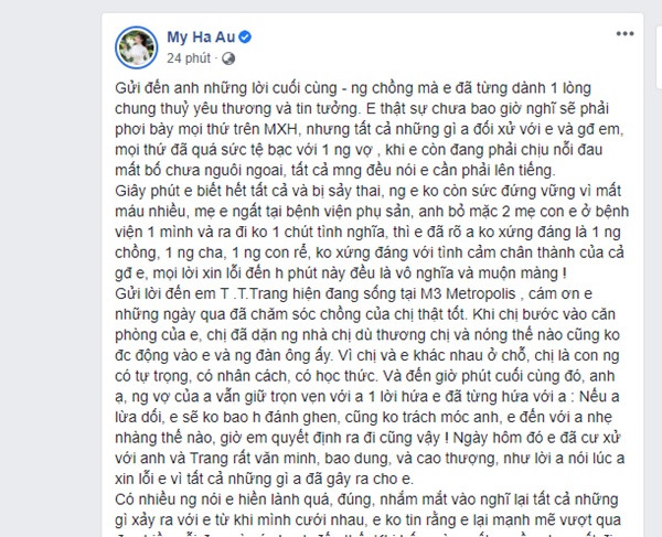 Sau đám cưới "siêu to khủng lồ" tưởng rằng nữ giảng viên Âu Hà My và chồng có cái kết viên mãn nhưng mới đây, trên trang cá nhân, cô nàng bất ngờ chia sẻ dòng trạng thái dài bóc mẽ sự thật về người chồng quốc dân, kèm theo loạt bằng chứng anh ngoại tình...