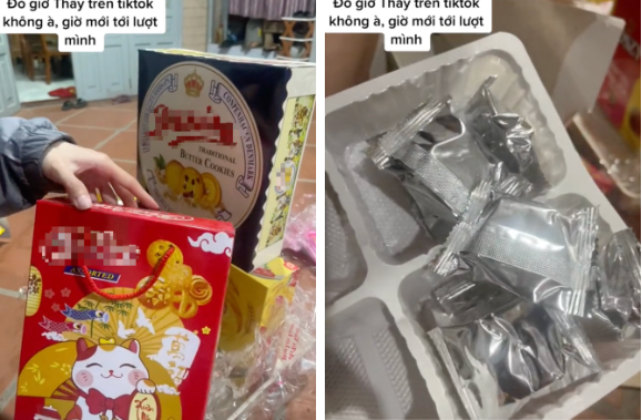 Nhìn bên ngoài, giỏ quà được gói khá chắc chắn với những hộp chè, bánh sang trọng đến từ các thương hiệu nổi tiếng. Thế nhưng, các hộp bánh khi được khui ra lại vô cùng ''bất ổn'' khiến chính gia chủ cũng phải bất ngờ.