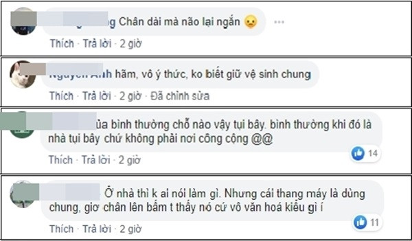 "Ở nhà thì không ai nói làm gì. Nhưng cái thang máy là dùng chung, giơ chân lên bấm tôi thấy cứ vô văn hóa kiểu gì", "Ửa bình thường chỗ nào vậy tụi bay. Bình thường khi đó là nhà tụi bay chứ không phải nơi công cộng" hay "Chân dài mà não lại ngắn" là những bình luận mà dân mạng để lại dưới đoạn clip của Jay Quân đăng tải trên story.