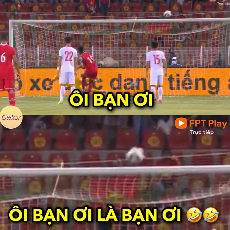 Dù trước trận đấu, các cầu thủ Oman tập sút penalty cực kĩ nhưng khi được hưởng lợi thế, họ lạ sút thẳng lên trời và từ đó trở thành ảnh chế của netizen Việt.