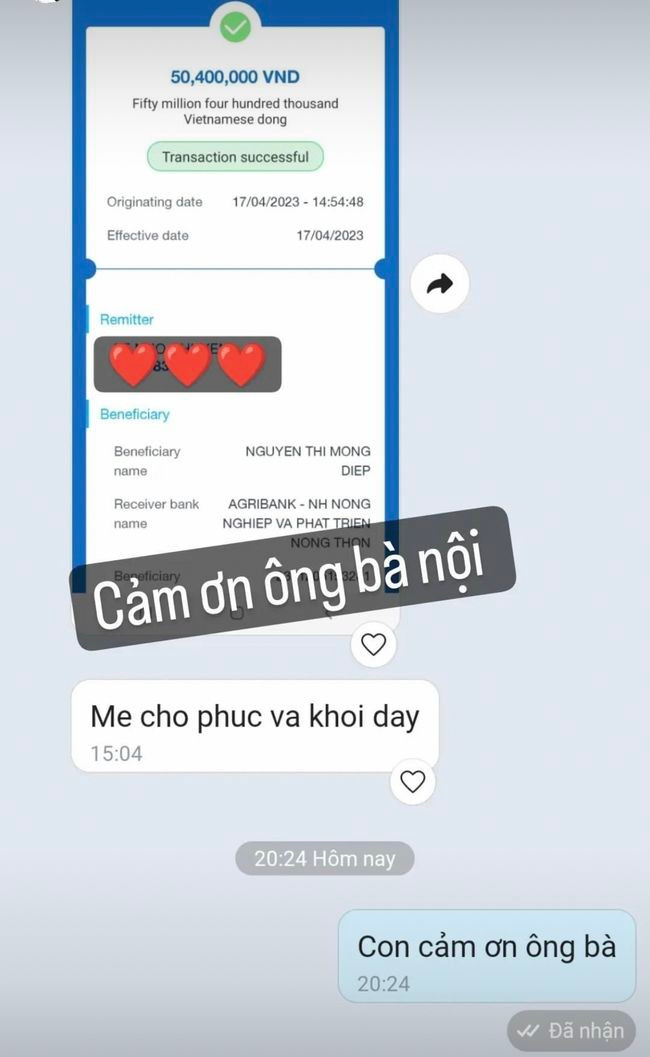 Cụ thể, cựu tiền đạo đội tuyển Việt Nam đã khoe món quà mà bà nội cho hai cậu con trai Mạc Xuân Phúc và Mạc Đức Khôi. Bà nội đã chuyển hơn 50 triệu cho 2 cháu nhưng không chuyển cho con trai mà gửi tới con dâu là Nguyễn Thị Mộng Điệp (tên thật của Kỳ Hân).