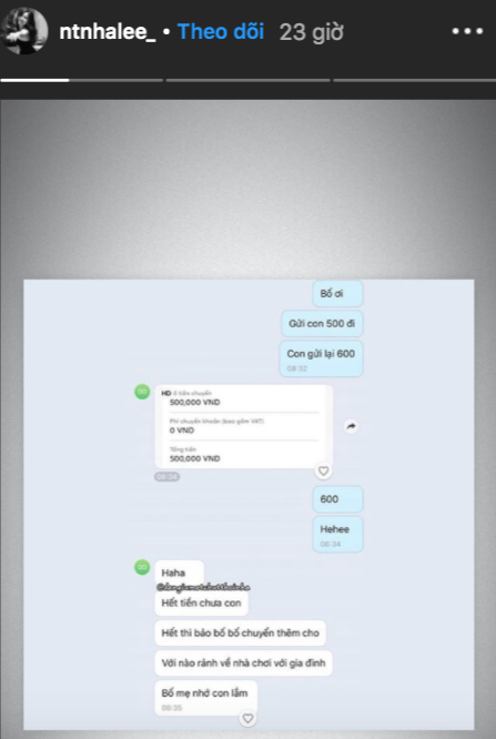 Mới đây, thêm một lần bạn gái cũ cầu thủ Quang Hải khiến dân tình phải ghen tị khi chia sẻ về cuộc trò chuyện với bố, cụ thể Nhật Lê đăng tải hình ảnh đoạn tin nhắn: "Bố ơi, gửi con 500 đi, con gửi lại 600". Ngỡ tưởng con gái hết tiền, không mất quá nhiều thời gian, bố cô chuyển khoản ngay số tiền mà con gái đã xin.