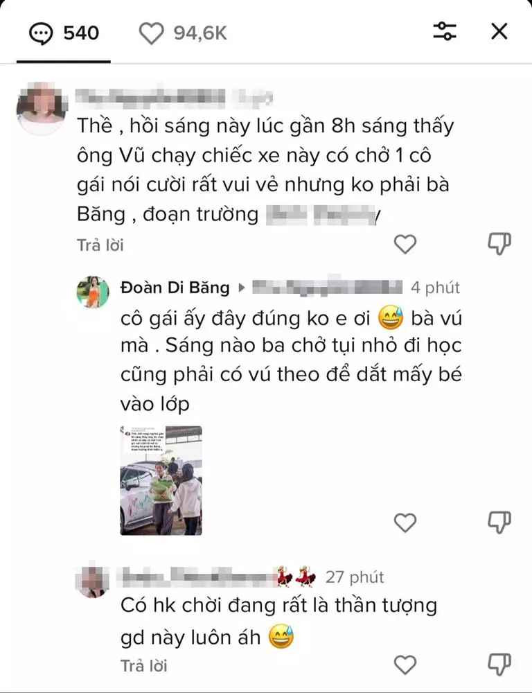 Cụ thể, một tài khoản viết: "Thề, hồi sáng lúc gần 8h thấy ông Vũ chở một cô gái cười nói rất vui vẻ nhưng không phải bà Băng....". Lời tiết lộ của người này lập tức nhận về quan tâm lớn. Rất nhiều người bày tỏ sự hoài nghi về tính thực hư của thông tin.