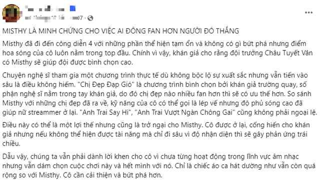 Dù là streamer "tay ngang" tham gia, song Misthy đã phần nào cố gắng thể hiện tài năng, sự quyến rũ và có sức ảnh hưởng của mình.