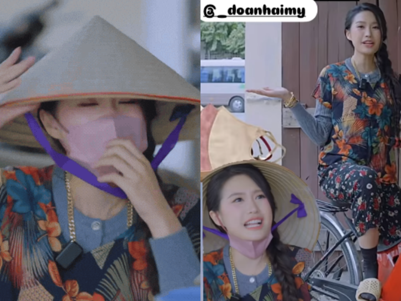 Thêm vào đó, cách hóa trang với vòng cổ cỡ lỡ, tay đeo đầy vàng, cưỡi trên chiếc xe ghép với phần đầu là xe máy mà phần sau là xe đạp, cùng hành động chỉ tay với biểu cảm sắc sảo của Doãn Hải My khiến dân mạng không khỏi bật cười.