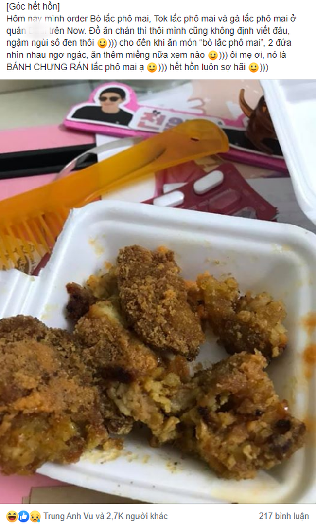 Trước đó, một cô gái đã lên mạng xã hội than vãn về trường hợp ship đồ ăn đêm. Cụ thể, cô nàng bức xúc kể: "Góc hết hồn" khi gọi món bò lắc phô mai nhưng khi nhận về thì không khác gì món bánh chưng rán.