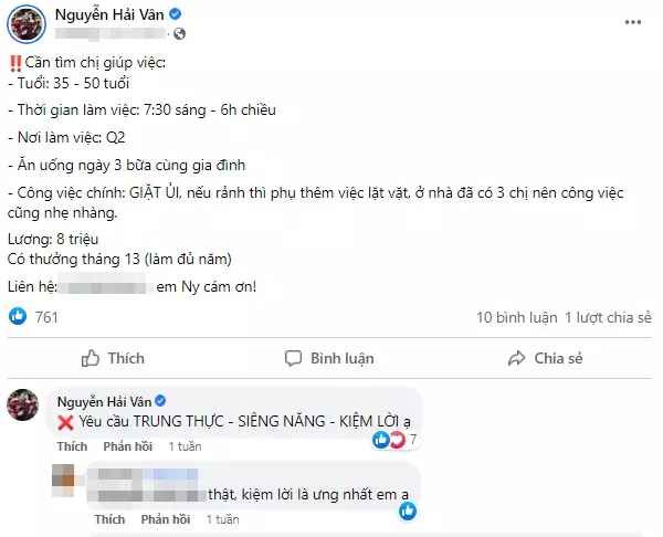 Theo đó, con dâu "ông trùm" điện tử Sài Gòn đã đăng một bài viết tìm thêm người giúp việc trên Facebook.