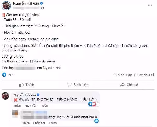 Theo đó, con dâu "ông trùm" điện tử Sài Gòn đã đăng một bài viết tìm thêm người giúp việc trên Facebook.