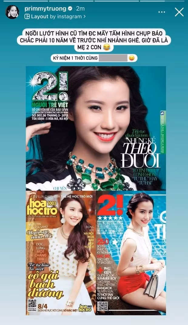 Mới đây, Primmy Trương đã đăng story “ôn lại kỷ niệm xưa” là loạt ảnh lên bìa báo dành cho giới trẻ như Hoa Học Trò, 2!,... khiến nhiều người chú ý.