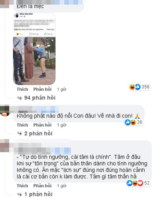 Thấy cô gái mặc trang phục quá ngắn, xuất hiện tại nơi tôn nghiêm, rất nhiều người dân xung quanh và đại diện nhà chùa đứng ra nhắc nhở.