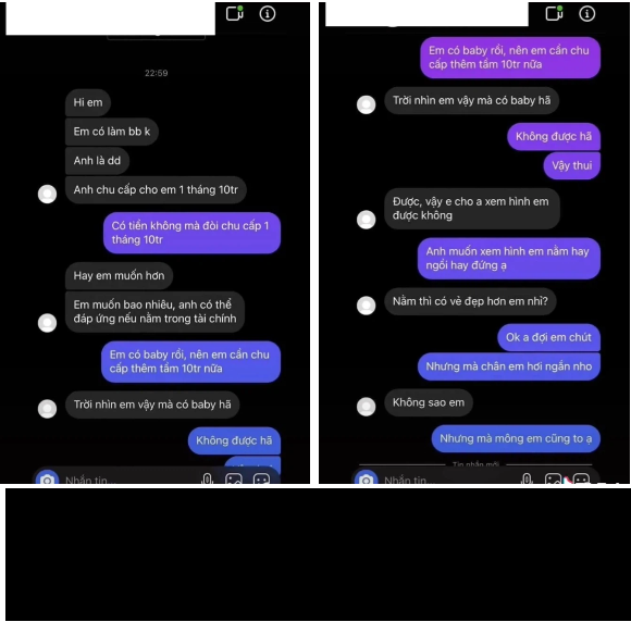 Cụ thể, Đoan Minh đăng tải những dòng tin nhắn bị một người nào đó đề nghị làm sugar baby và hứa chu cấp 10 triệu/ tháng.