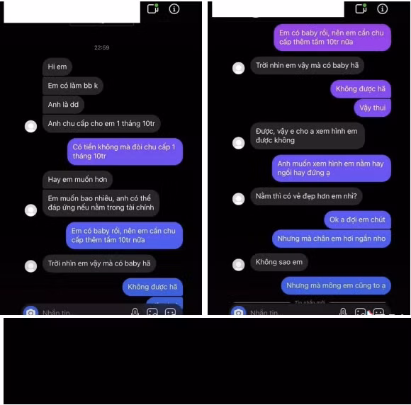 Cụ thể, Đoan Minh đăng tải những dòng tin nhắn bị một người nào đó đề nghị làm sugar baby và hứa chu cấp 10 triệu/ tháng.