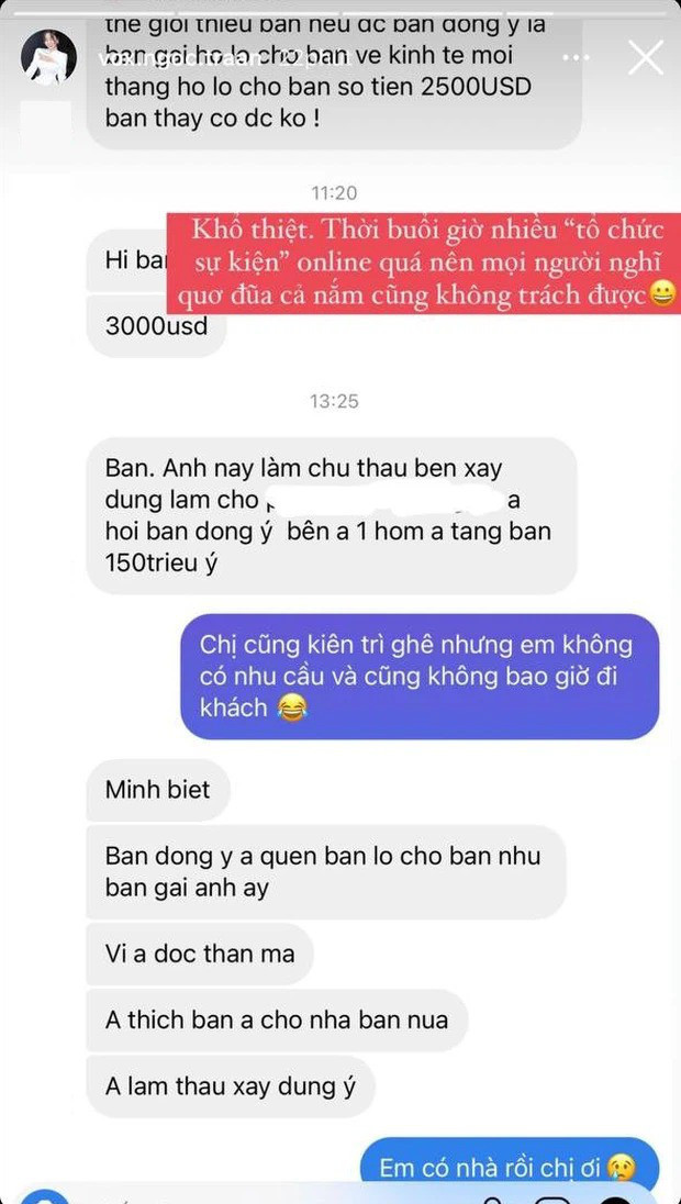 Con số ban đầu là 2500 USD, (khoảng 57 triệu đồng) nhưng khi gái xinh vẫn im lặng, người ấy đã vội tăng thêm 500 USD cho dễ nói chuyện hơn.
