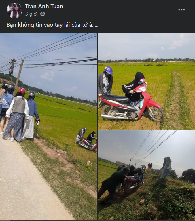 Mới đây trên mạng xã hội, thành viên mạng có nickname Tran Anh Tuan đã chia sẻ lại hình ảnh hai cô gái có màn xử lý xe vô cùng "cồng kềnh" và cái kết là lao xuống ruộng.