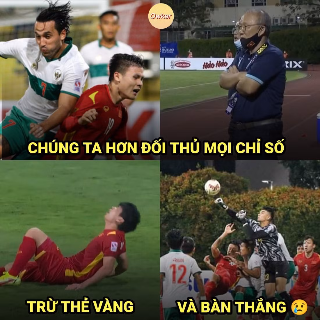 Đội tuyển Việt Nam áp đảo hoàn toàn Indonesia trên mọi chỉ số nhưng chỉ thua thẻ vàng và sự thay đổi trên bảng điện tử biểu thị tỷ số.